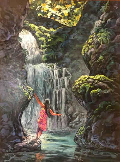 an original oil painting. A girl wearing a red and orange pareo gazes at a flowing waterfall surrounded by green trees and grey rocks