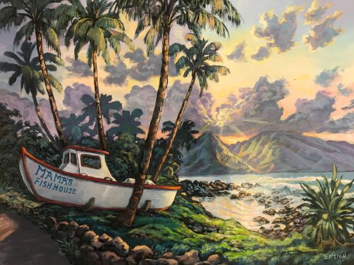 an original acrylic painting. The famous entrance of Mama's Fish House with a boat. Surrounded by palm trees. The sun is setting in the distance behind Maui's West Maui Mountains. Purple clouds.