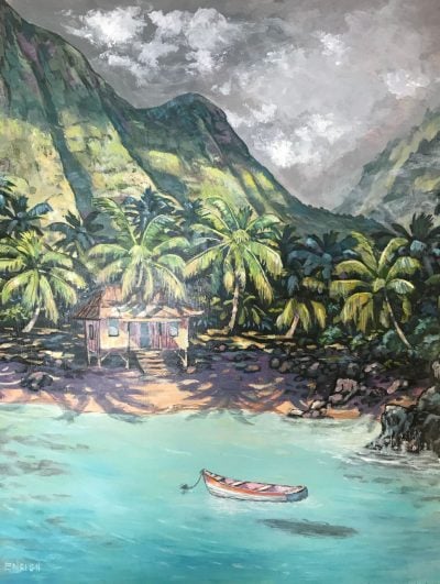 an original acrylic paining. A red and white boat floats on teal waters. A single house is on the beach shore. Palm trees surround the house. Lush, mountains in the distance.