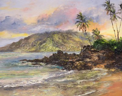 an original oil painting of Charley Young Beach, sunrise colors in the sky and reflection off the ocean.