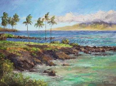 an original oil painting. Palm trees to the left, lining a rocky shored beach. An island in the distance. Deep blue and teal waters