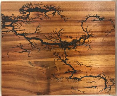 a original wall hanging made of Hawaiian Koa wood. Socked with electricity to form an organic design. Outline of electrical waves is black, against the wood grains.