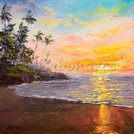 an original oil painting of a pastel colored sunset off the shore of a calm beach with purple water