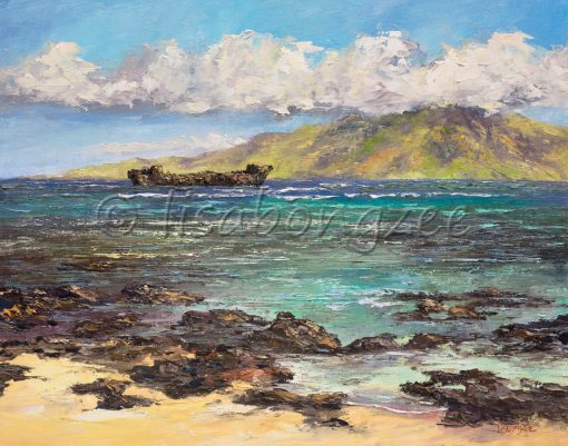 an original oil painting of Shipwreck beach, also called Kaiolohia. A lava rock lined beach with calm waters, an abandoned ship in the distance, as well as an island.