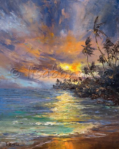 an original oil painting of a sunset off a calm ocean. The sky is deep, dark colors - purple, dark blue, with orange and yellow. A shore to the right of the painting is lined with palm trees, dark from the evening shadow.