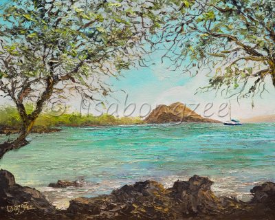 an original oil painting of Makena Landing, on the south side of Maui. A lava rock lined beach, with calm waters, and a part of Maui in the distance. Trees line the shore of the beach.