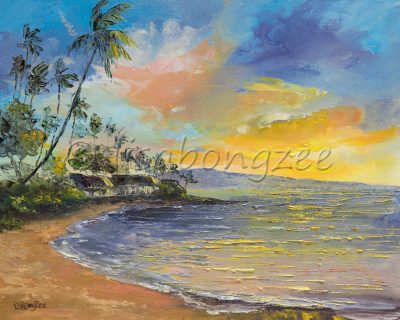 an original oil painting of the view of sunset from Napili Bay. The sky is a rich blue with yellows and some pinks. Colors reflect off the ocean.