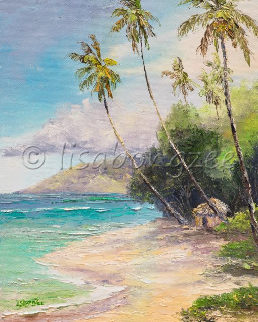 an original oil painting of a small hut, nestled between two palm trees on a sandy shored beach. An island in the distance