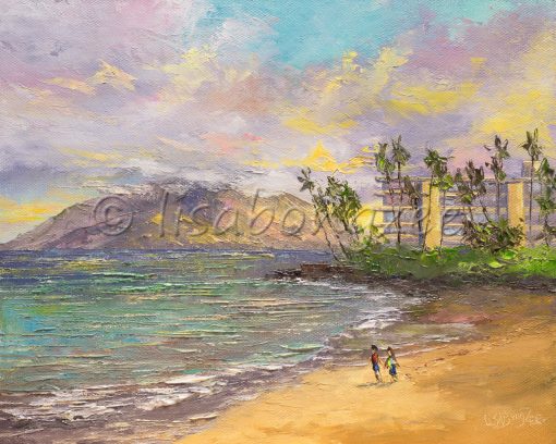 an original oil painting. The view from Keawakapu beach on Maui, looking right. You can see the west side of Maui in the distance and two people on the beach. Morning sunrise colors reflect off the ocean.