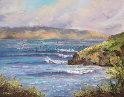 an original oil painting of waves rolling into Honolua Bay on the west side of Maui.