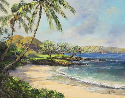 an original oil painting of Maluaka Beach on Maui. Calm waters and clear skies.