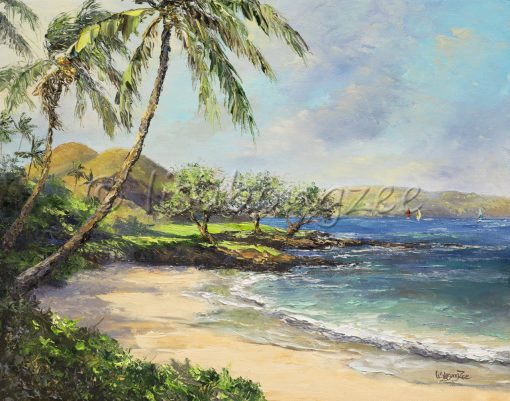 an original oil painting of Maluaka Beach on Maui. Calm waters and clear skies.