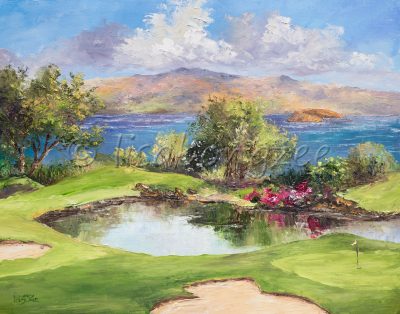 an original oil painting of the 17th hole at Wailea's Emerald Green Golf Course.