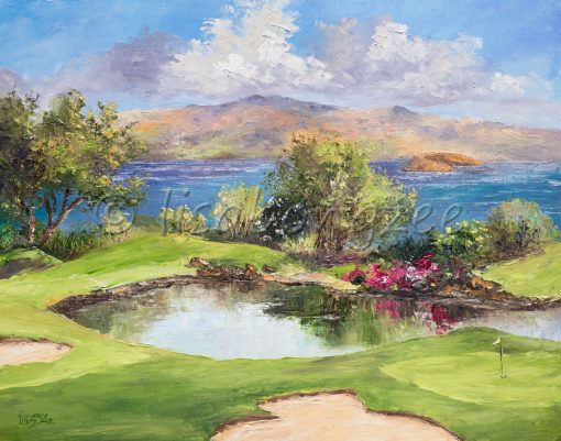 an original oil painting of the 17th hole at Wailea's Emerald Green Golf Course.