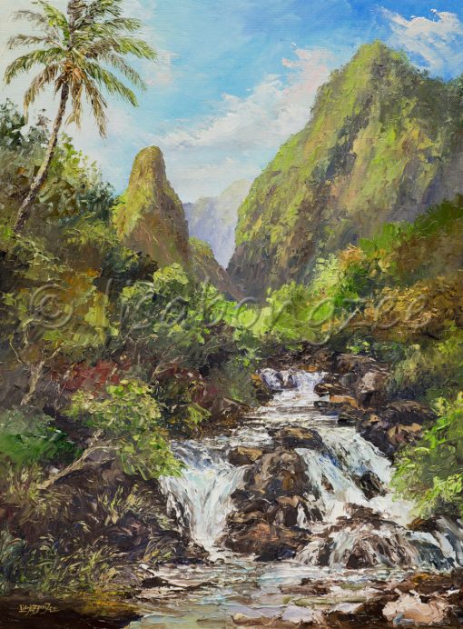 an original oil painting of Iao valley. The historic Iao Needle is visible beyond a flowing stream.