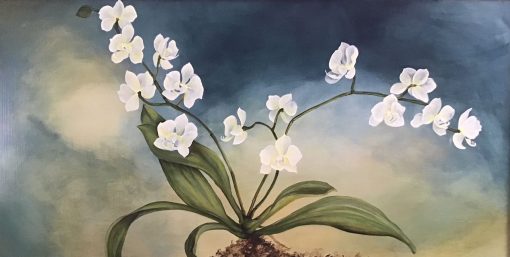 an original oil painting of a white orchid plant against a navy blue and sage green background