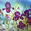 an original oil painting of vibrant purple, violet colored iris flowers with orange centers. Planted among other green plants