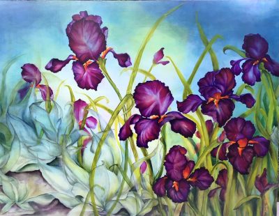 an original oil painting of vibrant purple, violet colored iris flowers with orange centers. Planted among other green plants