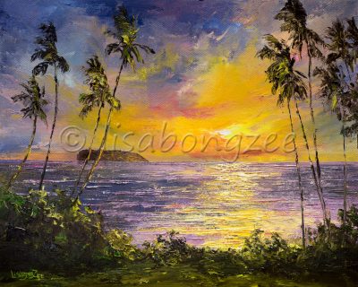 an original oil painting of the view of a sunset, over Molokini island. The view is from the perspective of south Maui. Tall palm trees on the left and right. The sunset reflects off the ocean.