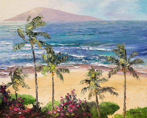 an original oil painting of the view of a beach in Kaanapali Maui, from a high perspective. Looking down on the ocean and the plam trees. Lanai island in the distance.