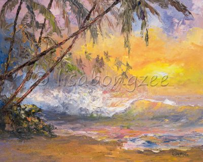 an original oil painting of a pastel colored sky and beach at dawn. A wave is rolling onto shore. Palm trees line the beach