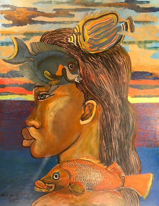 an original oil painting of a Polynesian person facing left, profile of their face. Three Fish are next to his face, two at the top and one near his neck. A sunset is on the horizon above a deep blue calm ocean.