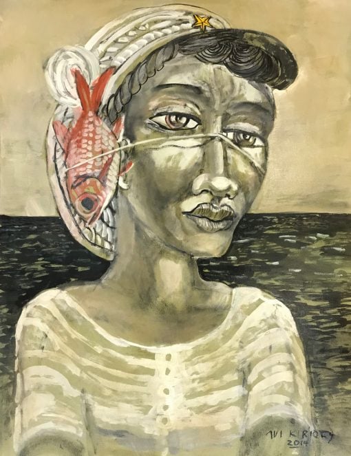 an original oil painting of a Polynesian woman near the ocean with a fish tied next to her face with a fish line. The painting is mostly sepia toned, besides the salmon / red colored fish.