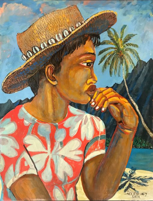 an original oil painting of the profile of a Polynesian person wearing a straw hat with shells lining the base. Wearing a red and white Hawaiian print shirt. Hand on chin