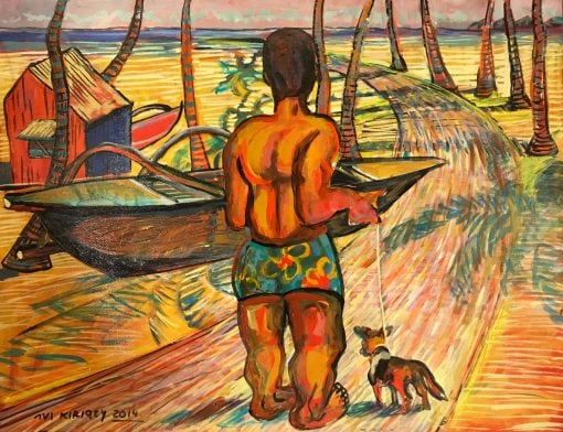 an original oil painting of a Polynesian man walking a dog down a palm tree lined path. Painting is in orange and red hues. He is wearing a green Malo.