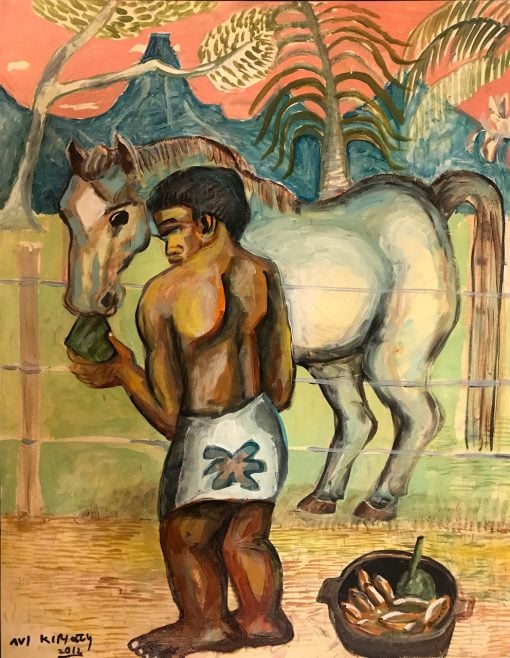 an original oil painting of a Polynesian man feeling a horse a treat. The Sky is pink and the grass is pastel green. There is a fruit basket at the mans feet.