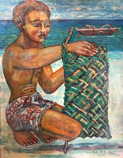 an original oil painting of a Polynesian man squatting on a beach, weaving a green basket. A canoe is in the ocean.