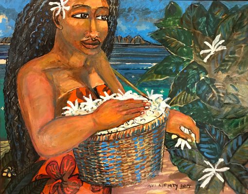 an original oil painting of a Polynesian woman picking Tiare flowers. She is holing a basket full of white Tiare flowers and adding more from a bush to the right. She is wearing a red Hawaiian print dress