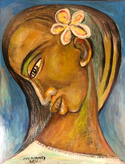 an original oil painting of a Polynesian women with a Plumeria flower in her ear. Profile of her face, which is facing downwards.