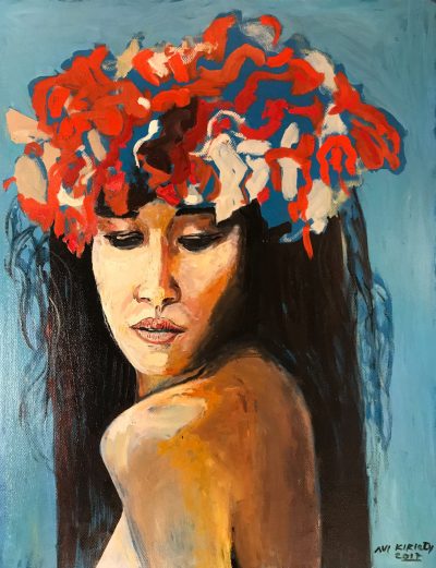 an original oil painting of a woman wearing nothing but a flower Haku Lei. She is facing forward, but eyes are down. Haku is made of White, red, and blue flowers.