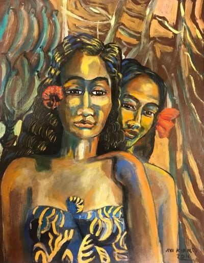 an original oil painting of two Polynesian women standing in a banana patch. The women have red flowers behind their ears and are wearing blue Hawaiian print dresses. Bananas hang from trees behind them.