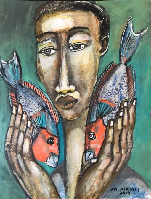 an original oil painting of a Polynesian man holding tow Uhu fish close to his face. His neck and nose are elongated and the fishes face a pointing towards each other.