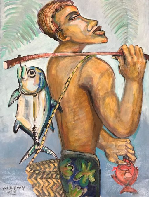 an original oil painting of a Polynesian man facing left. He is carrying a stick over his shoulder, with two fish, one on each side, hanging from the sick.