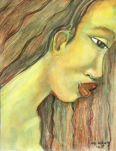 an original oil painting of a Polynesian woman's profile. She is facing left. Large Lips. Her hair makes up the background.