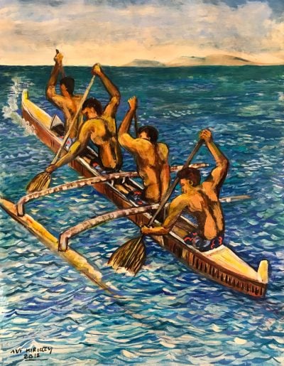 an original oil painting of four men paddling a traditional canoe in the ocean.