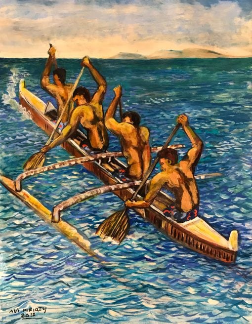 an original oil painting of four men paddling a traditional canoe in the ocean.