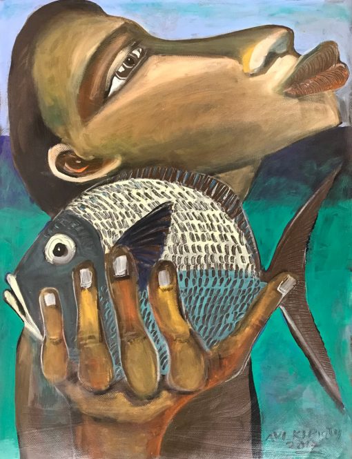 an original oil painting of a Polynesian man, standing near the ocean, holding a fish close to his face. Large scaled features. Blue fish.