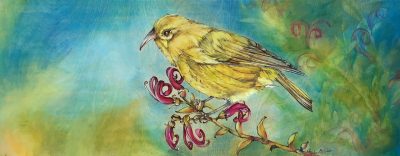 an original oil painting of a yellow Anianiau bird. wood burning and oil paints on a maple wood panel. Bird is on a branch with magenta flowers