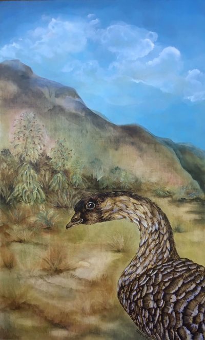 an original mixed media painting of a Nene Goose. The Nene is coming out of the bottom right corner. Nene is made up of wood burning, showing the details of its feathers. Background is the mountains with the silversword plant and blue sky