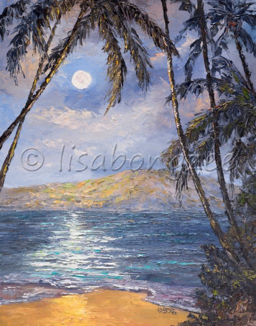 an original oil painting of a beach with a full moon in the distance, which is reflecting off the calm ocean.