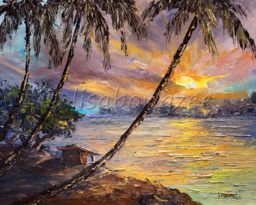 an original oil painting of a little shack at the water's edge. A Sunset off the horizon. Tall palm trees