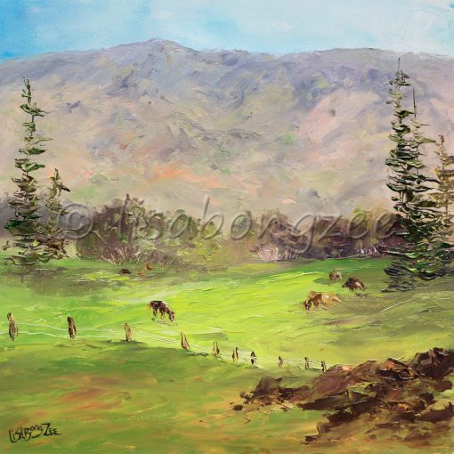 an original oil painting of upcountry, Maui. Green Pasture, with cattle, and mountains in the distance.