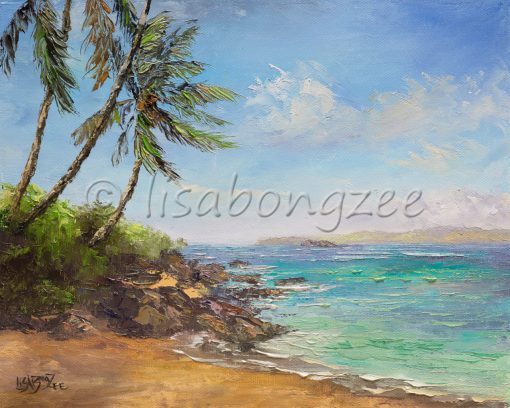 an original oil painting of a beach in South Maui. Calm waters, and three Palm Trees