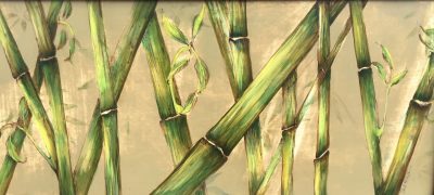 an original, mixed media painting of bamboo. Greens and golds. Horizontal orientation.