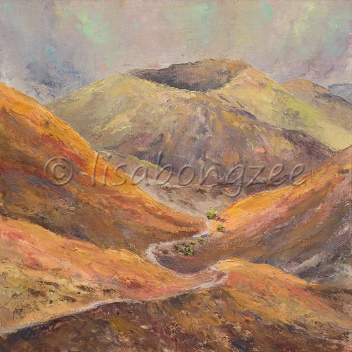 an original oil painting of Haleakala crater, with many shades of orange and green colors.