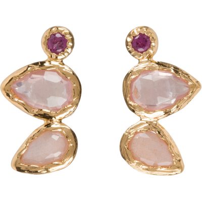 Rose Quartz, Garnet & Peach Moonstone Small Post Earrings 18K Gold Vermeil - Amata Jewelry